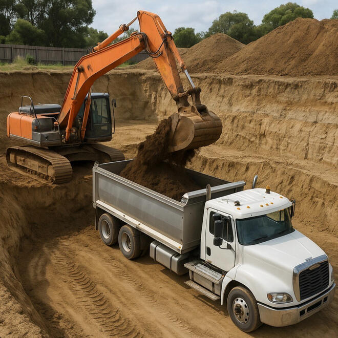Sand Pit Excavation – All Equipped Plant Hire Excavator loading sand into a truck on a large excavation job.