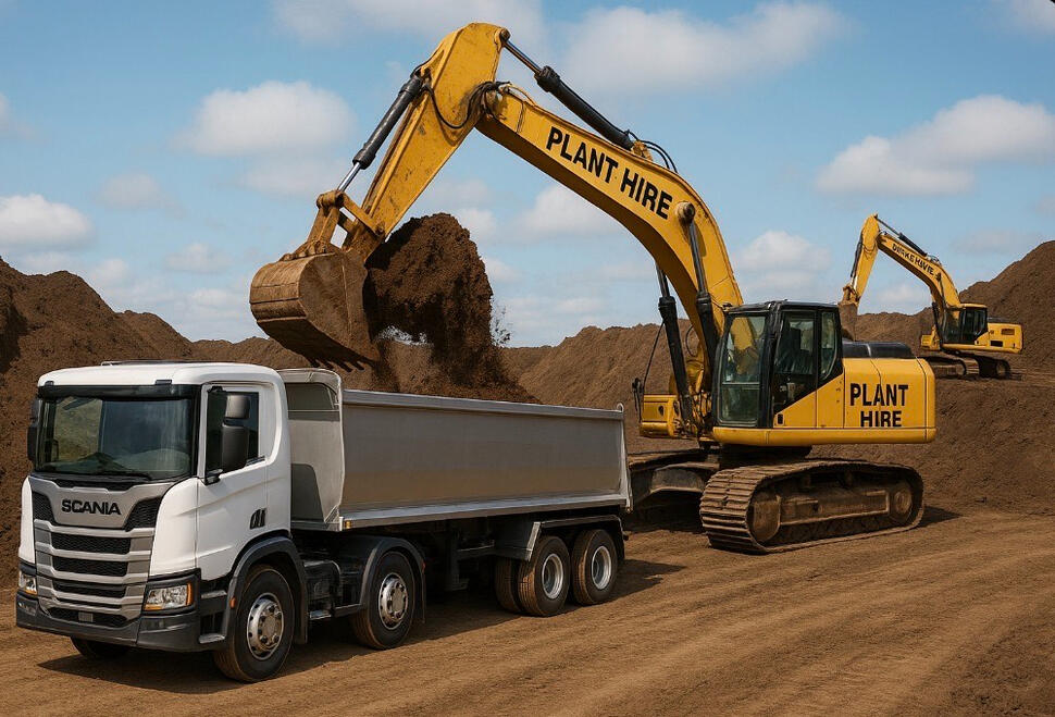 Bulk Earthmoving Excavator – All Equipped Plant Hire Large excavator loading soil into a white tipper truck.